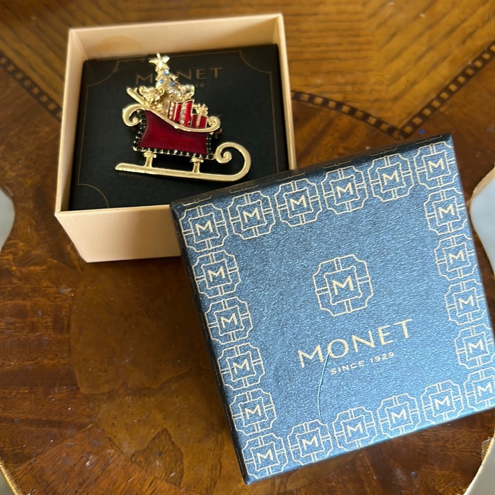 Monet Christmas Sled Brooch